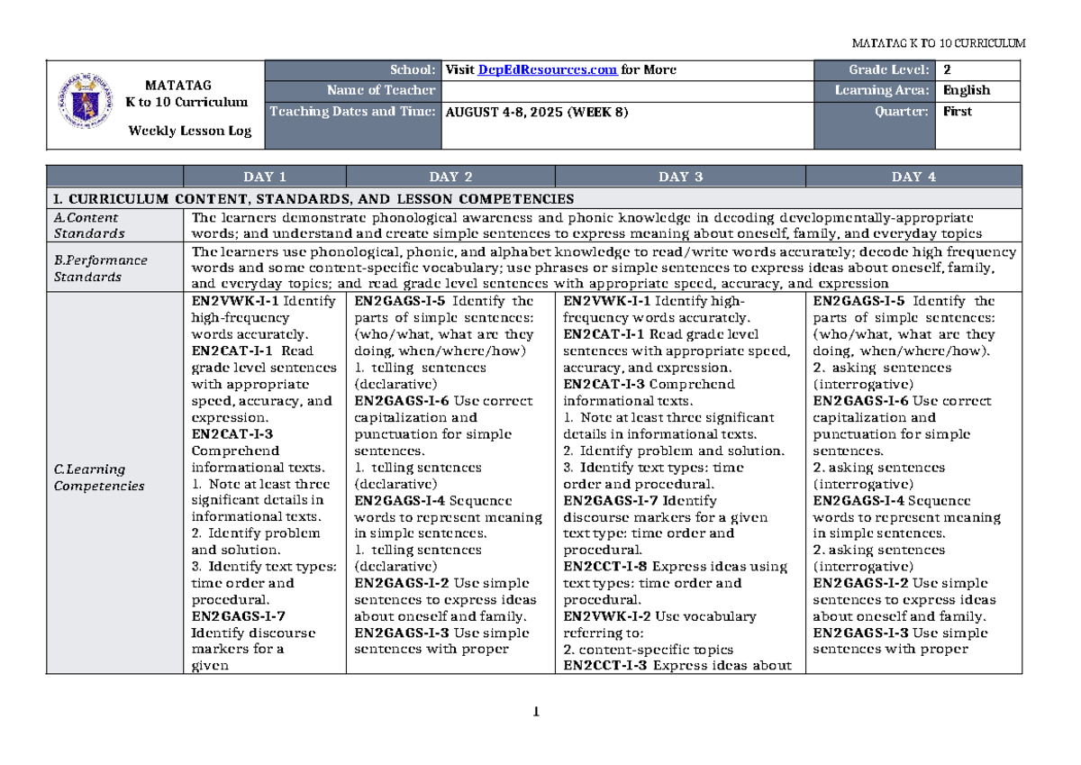 DLL Matatag K to 10 English 2 Weekly Lesson Log - Q1 W8 - Studocu