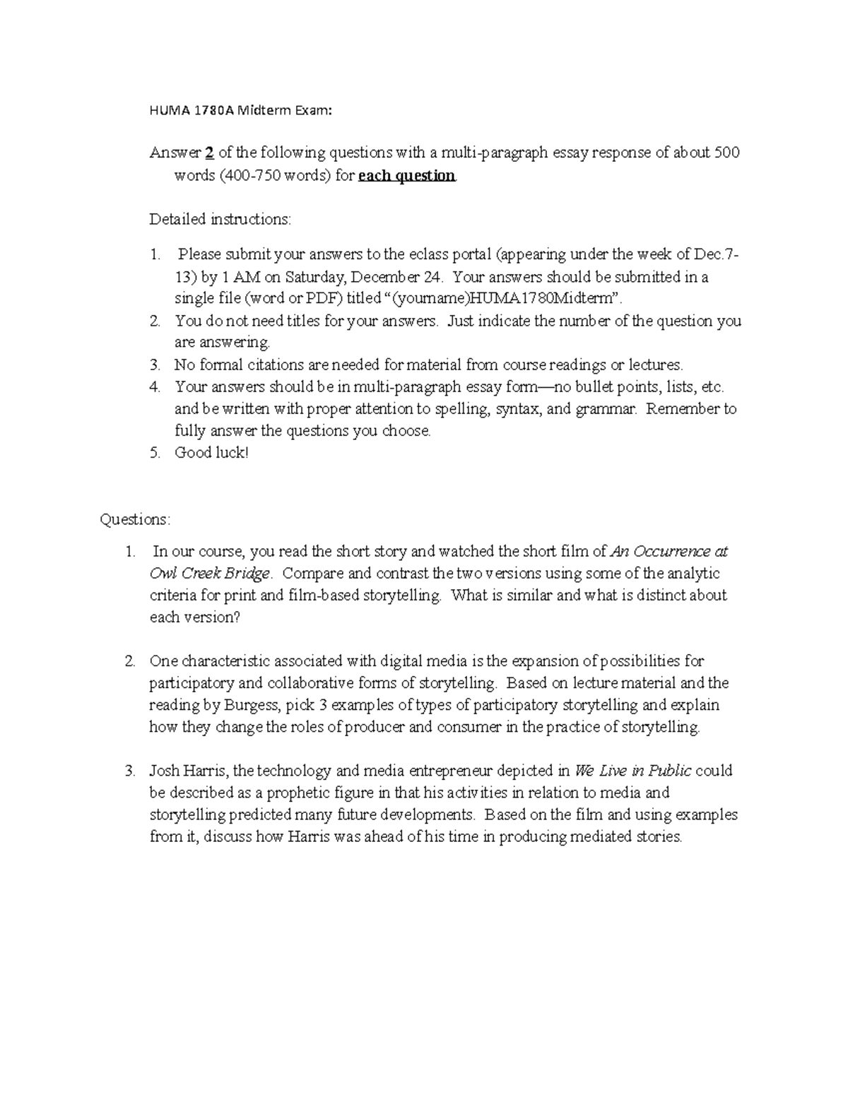 HUMA 1780A Midterm Exam Essay Instructions and Questions - Studocu