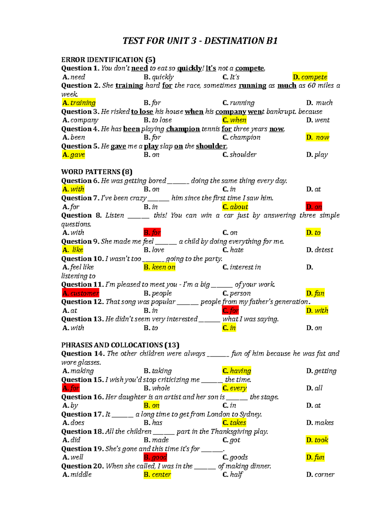 Unit 3 Test - Destination B1 [KY 1] - Error Identification & Vocabulary ...