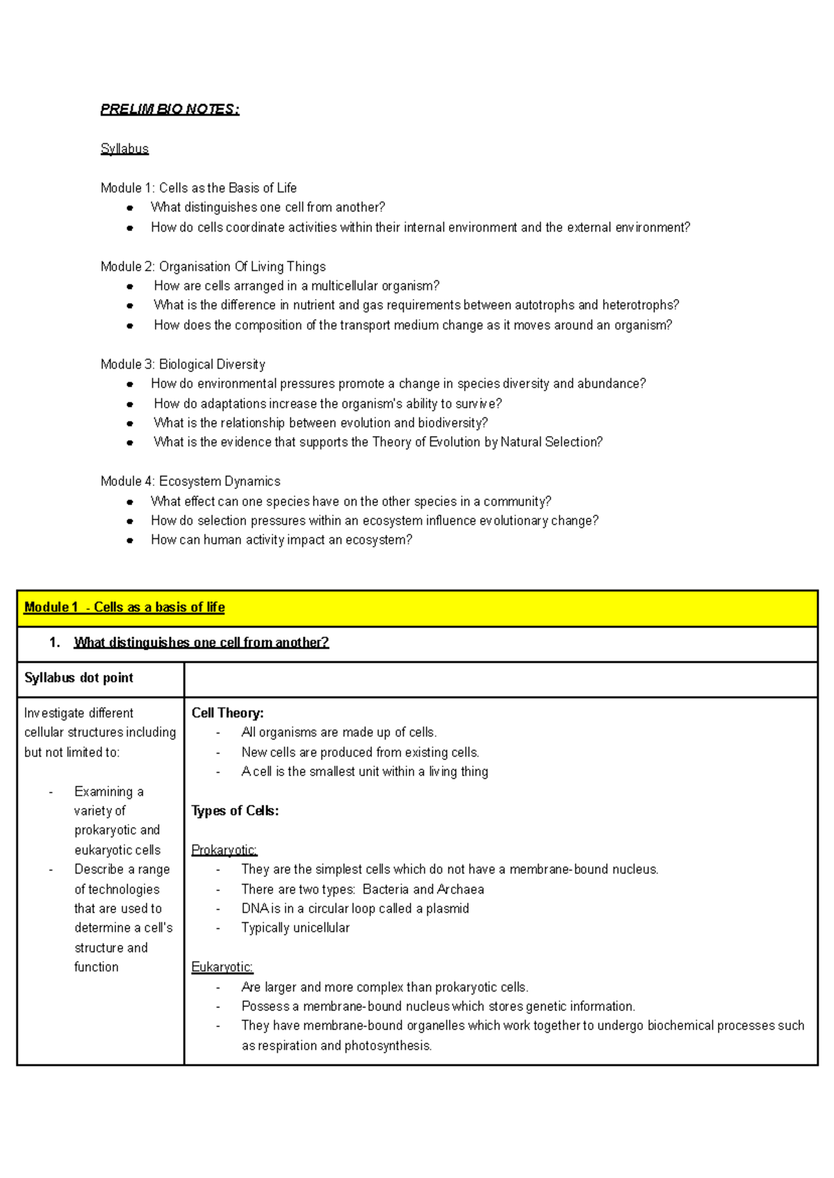 Prelim Biology - Comprehensive Cell Biology Notes in Table Format - Studocu