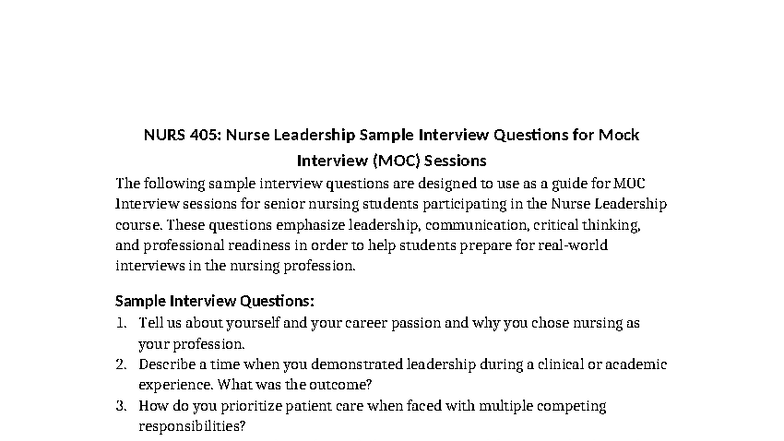 NURS 405: Mock Interview Questions for Nurse Leadership MOC Sessions ...