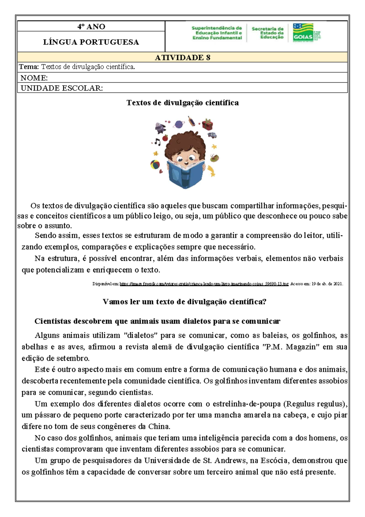 Atividade 8 - 4º ANO LÍNGUA PORTUGUESA: Textos de Divulgação Científica ...