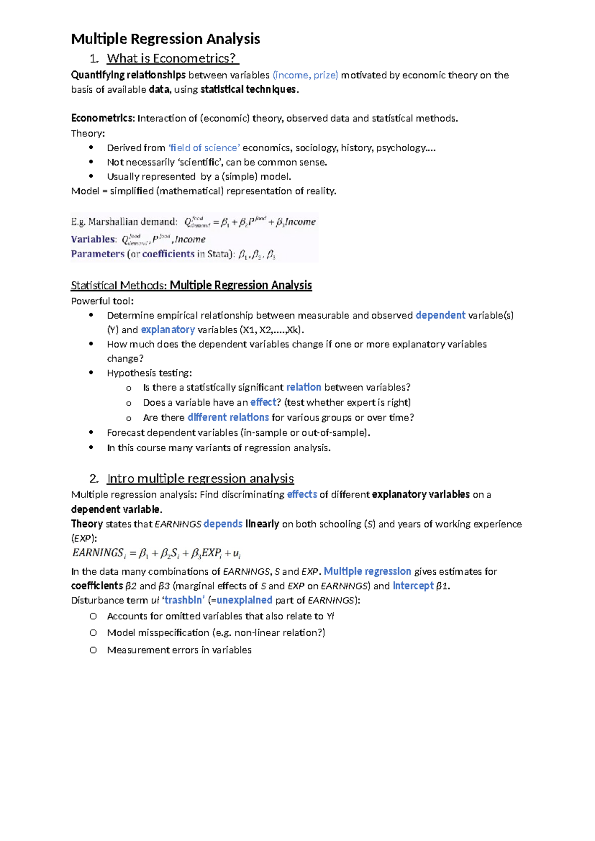 Final Exam Notes: Multiple Regression Analysis (ECON 101) - Studeersnel