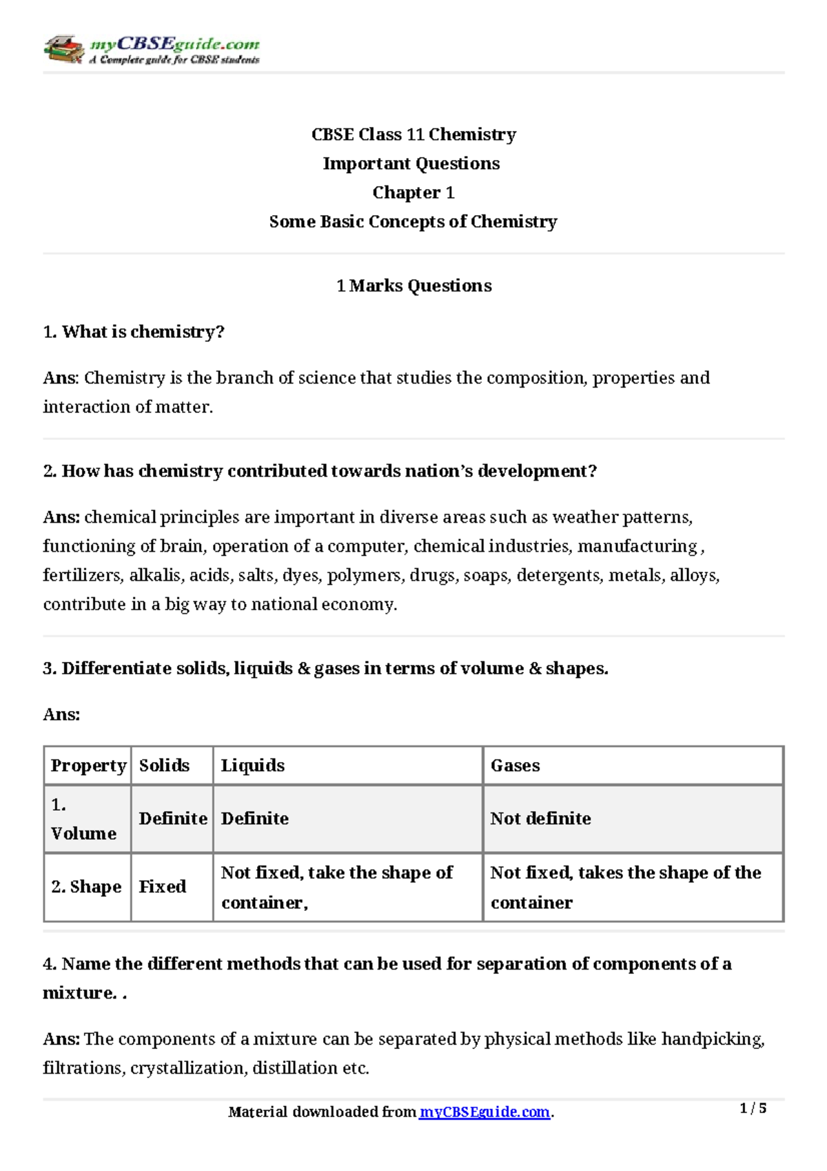 Class 11 Chemistry CH1 Important Questions for Exam Preparation - Studocu