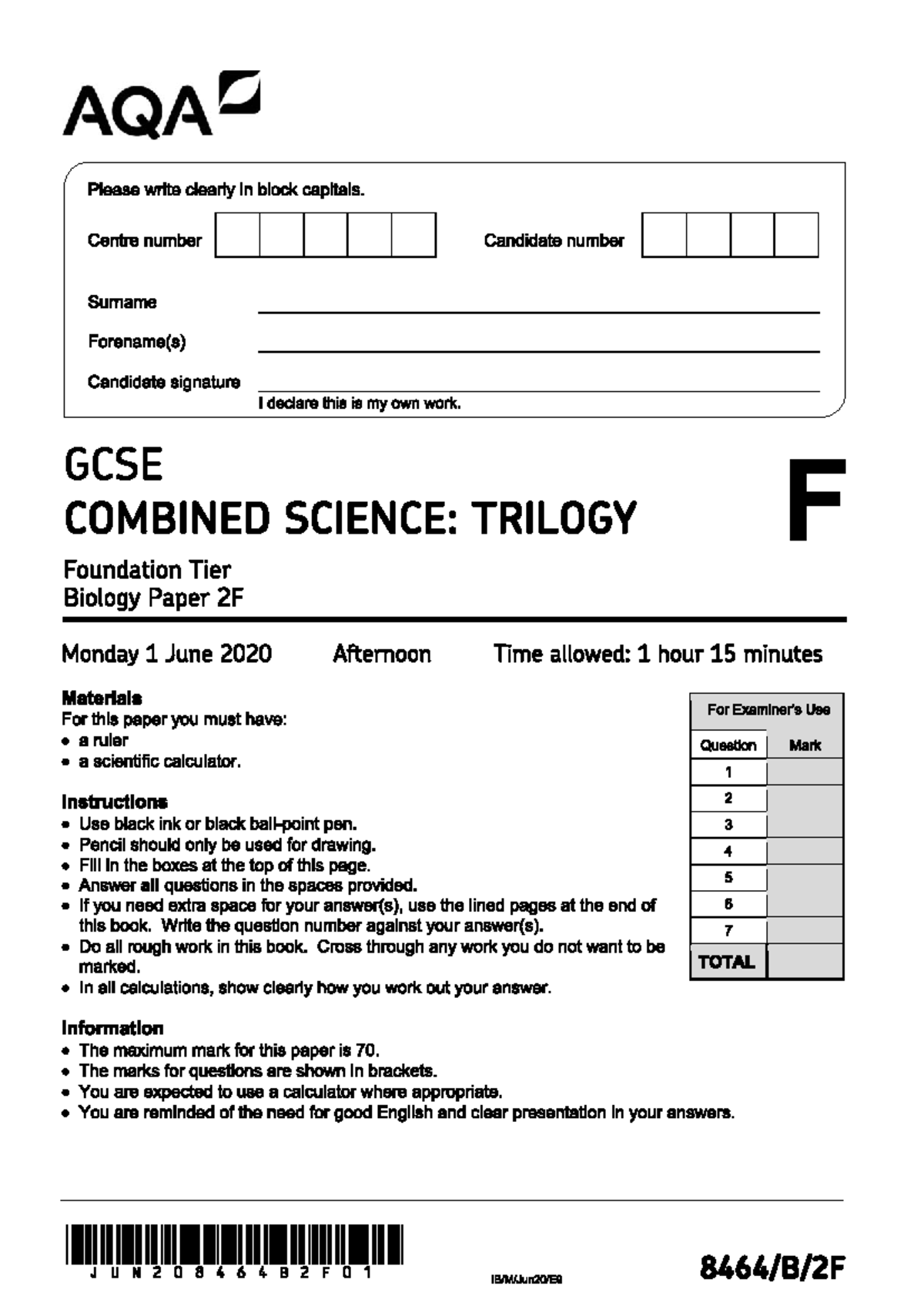 2020 AQA GCSE Combined Science Trilogy B2 (F) QP - AQA Please write ...