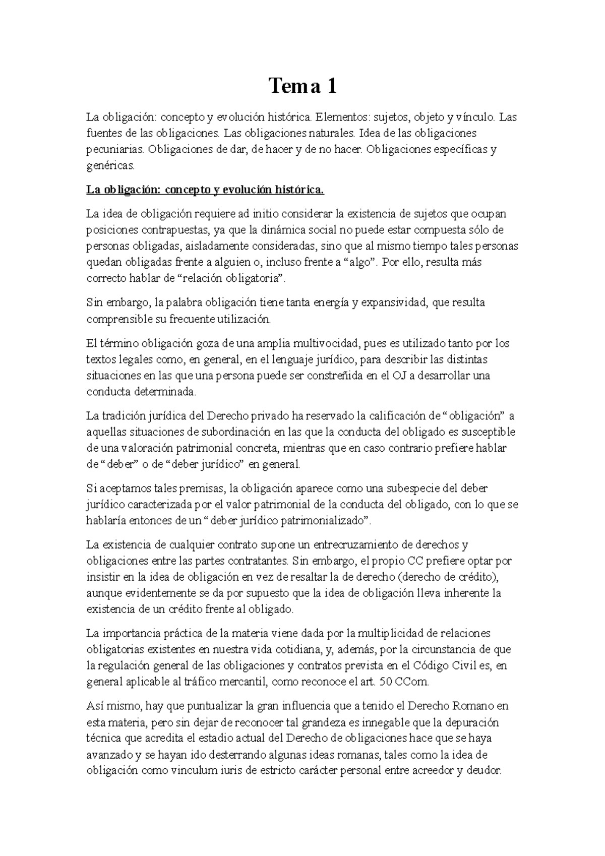 Tema 1 - Apuntes 1 - Tema 1 La obligación: concepto y evolución ...