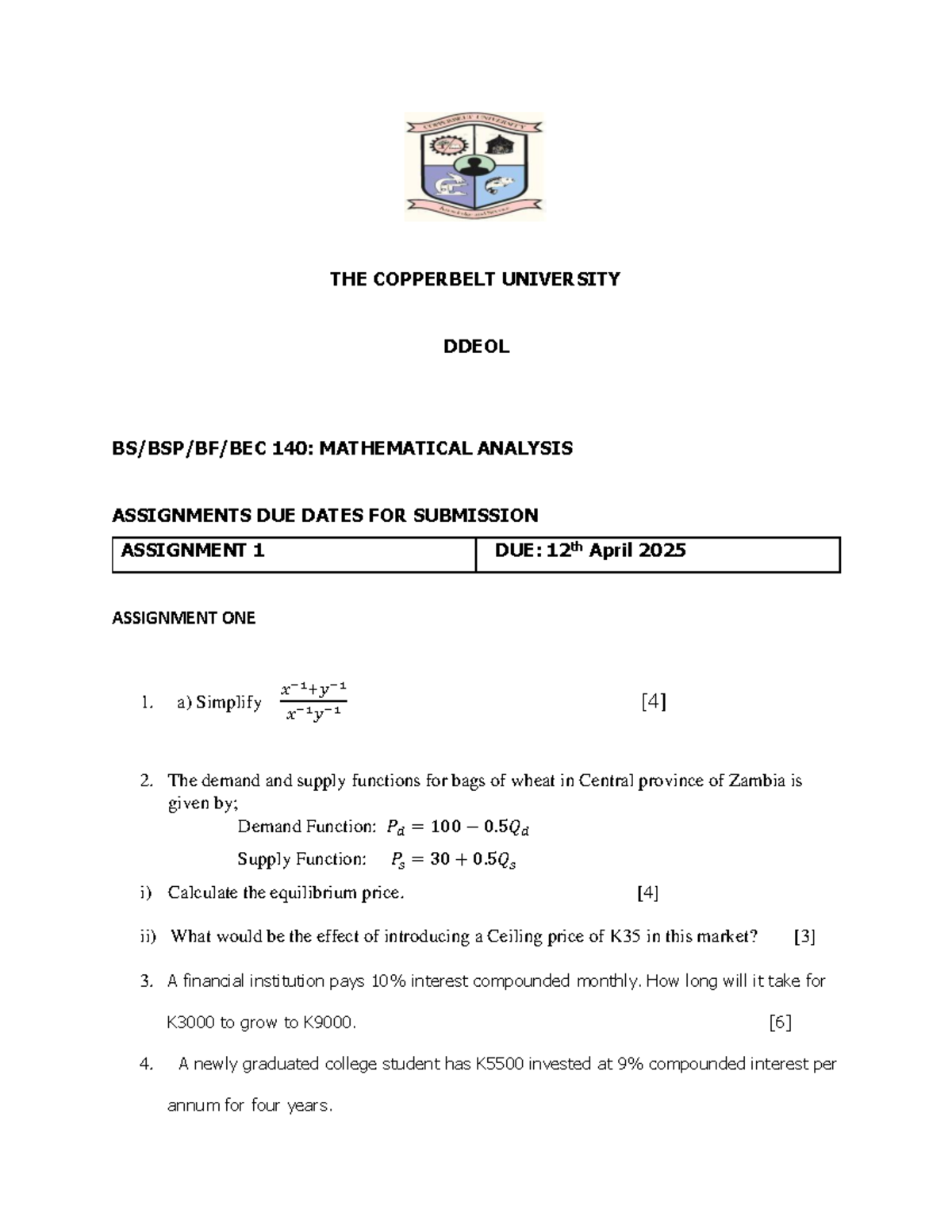 DDEOL 140: Mathematical analysis assignment one due dates and details ...