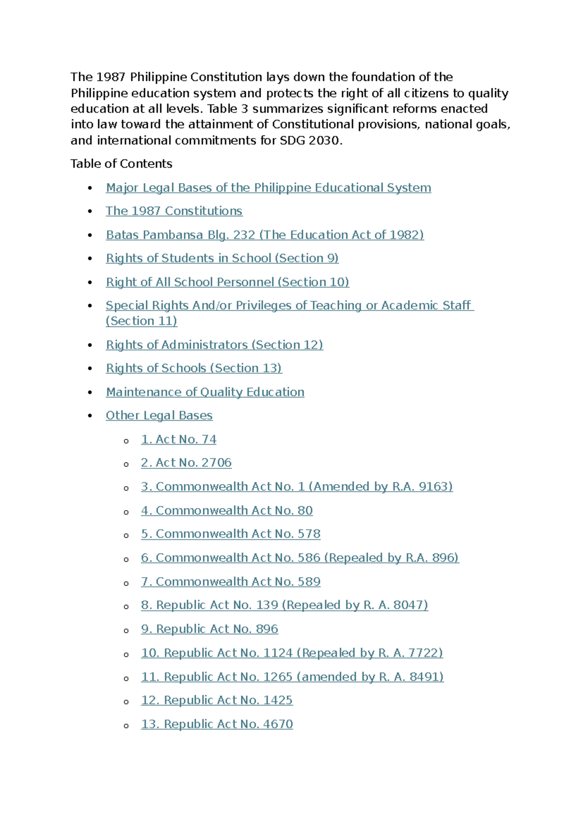 Major Legal Bases of the Philippine Educational System (EDUC 101) - Studocu