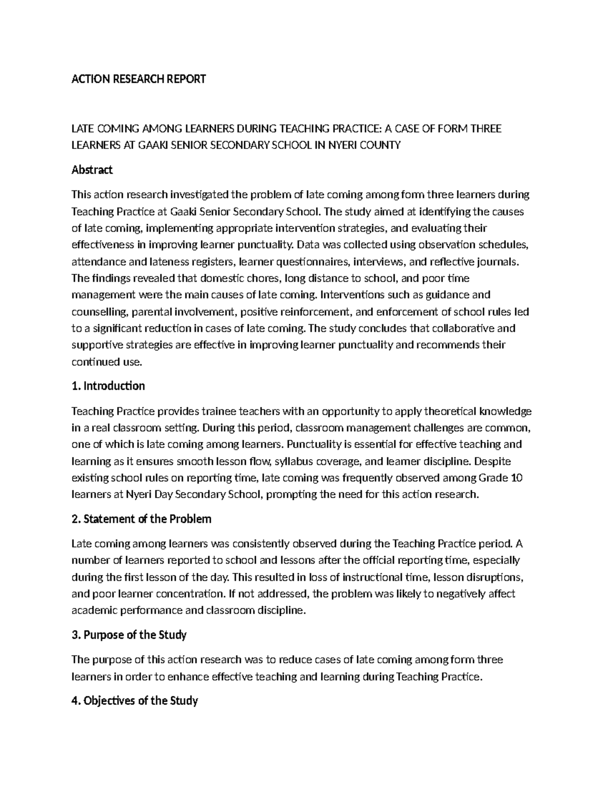 Action Research Report: Late Coming Among Form 3 Learners (TP) - Studocu