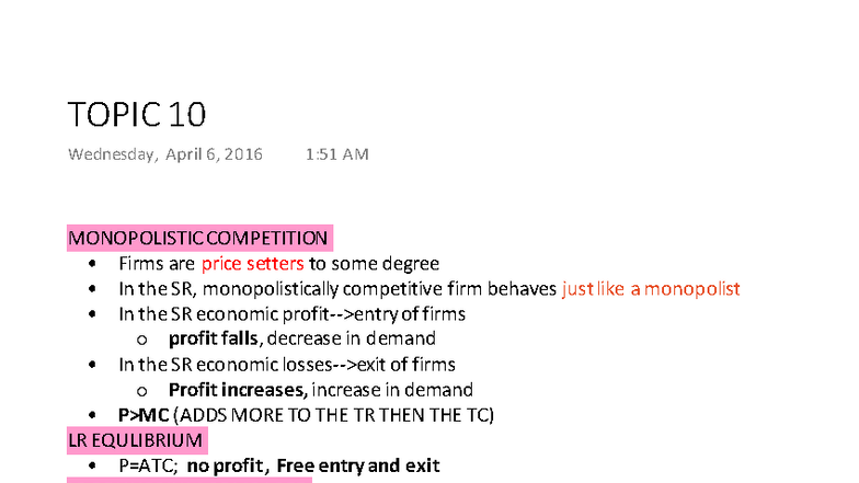 Topic 10: Monopolistic Competition Summary Notes - Studocu