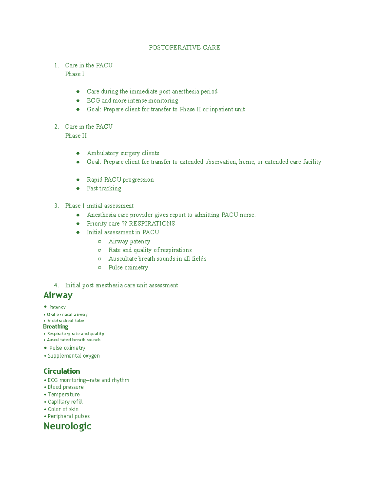 Postoperative Care Study Guide: Essential PACU Nursing Insights - Studocu