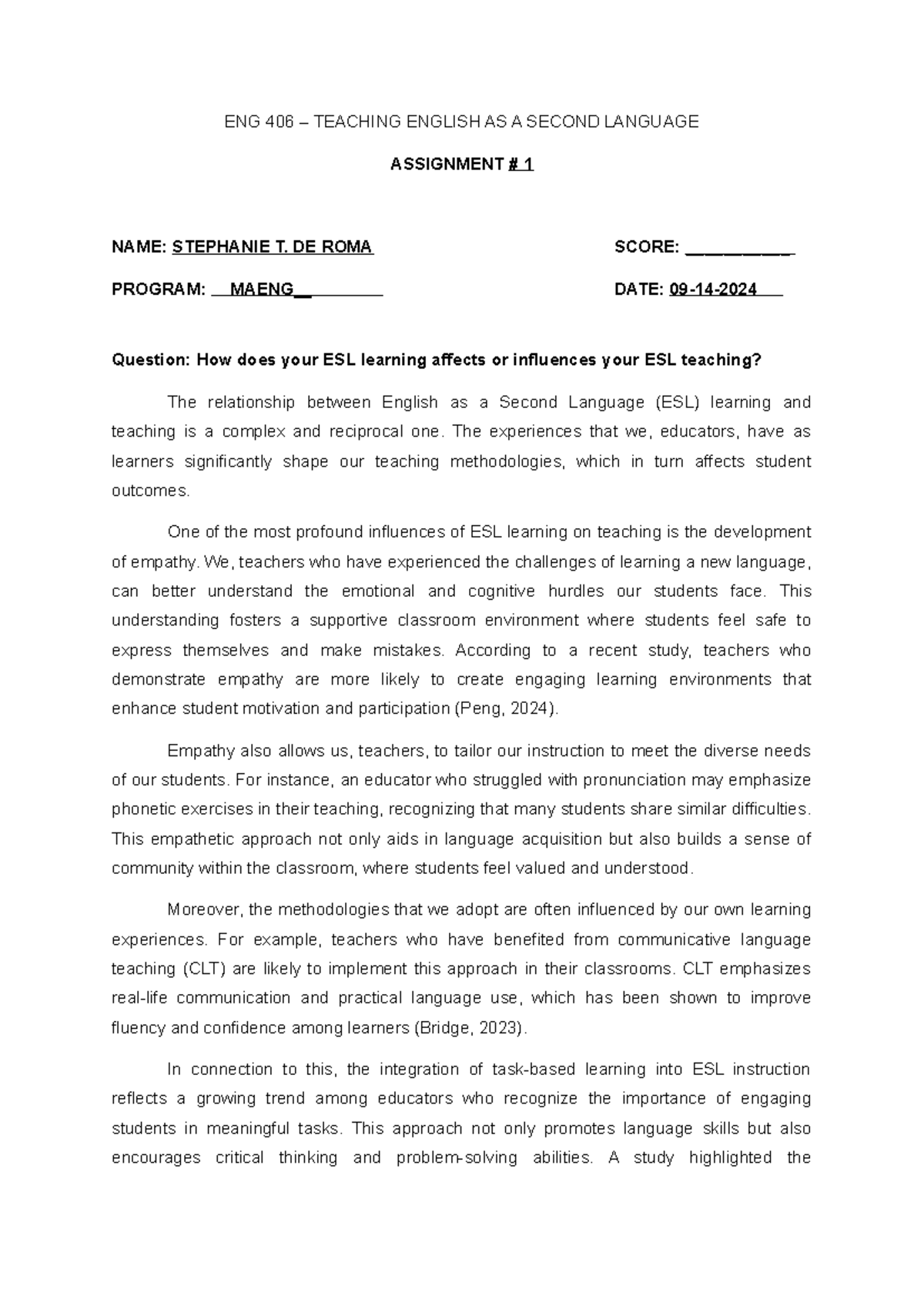 Reflection Paper 1 - ENG 406 – TEACHING ENGLISH AS A SECOND LANGUAGE ...