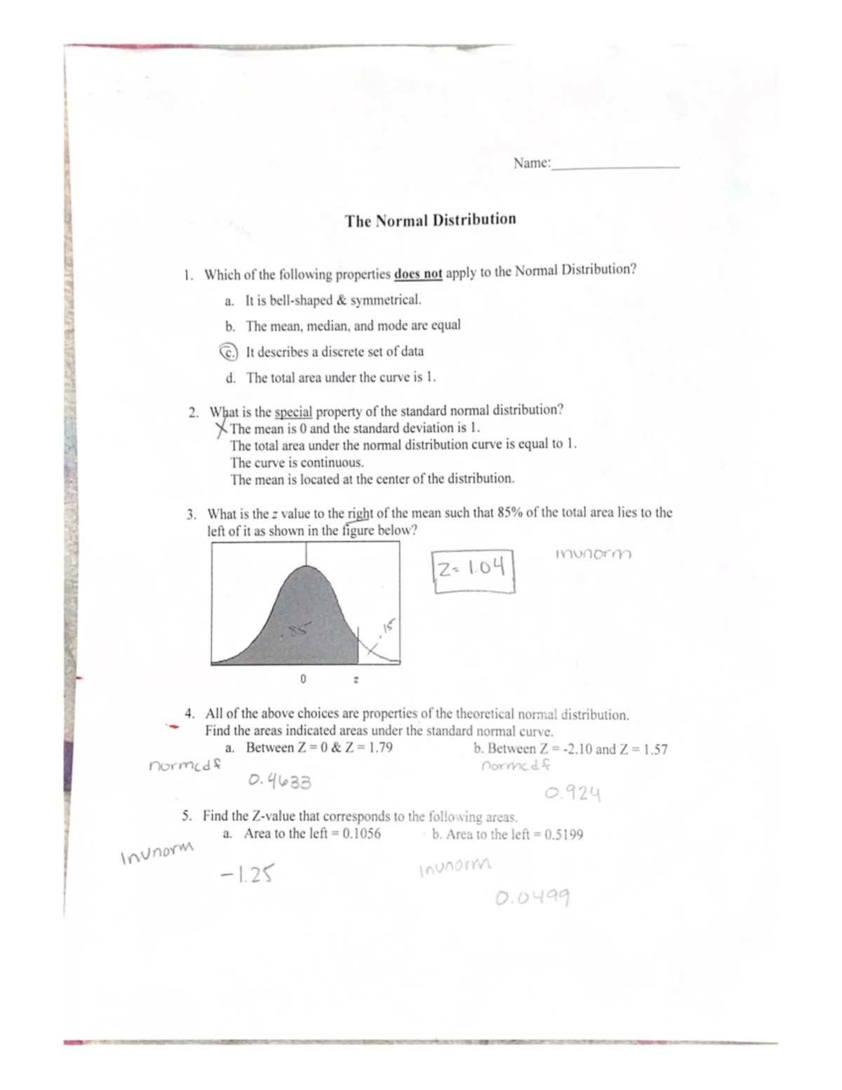 Normal Distribution Worksheet With Solutions Normal Distribution