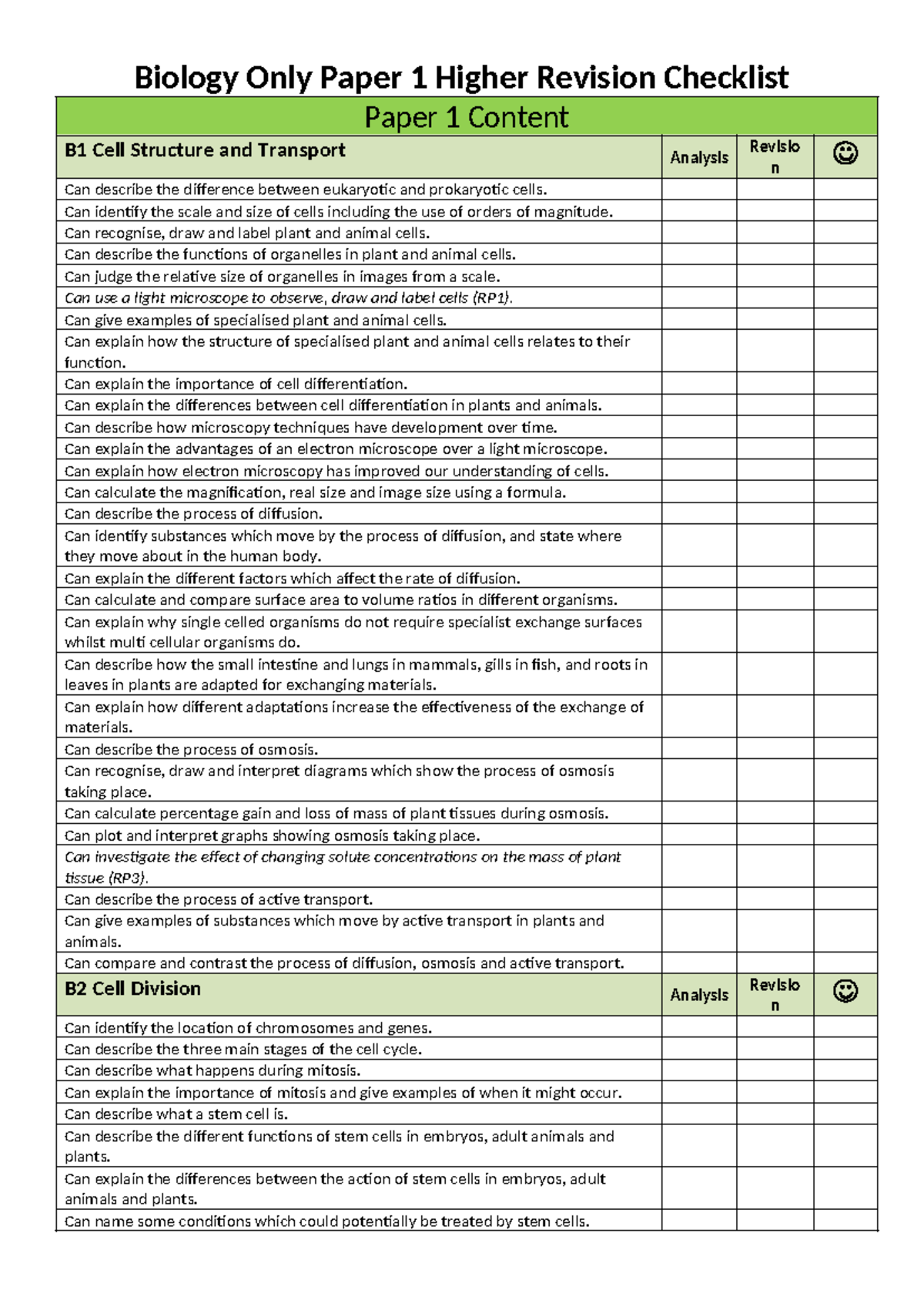 Biology Only Paper 1 Higher Revision Checklist: Cell Structure ...