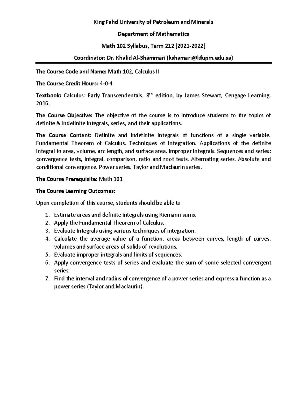 Math 102 Syllabus: Calculus II Course Overview & Objectives - Studocu