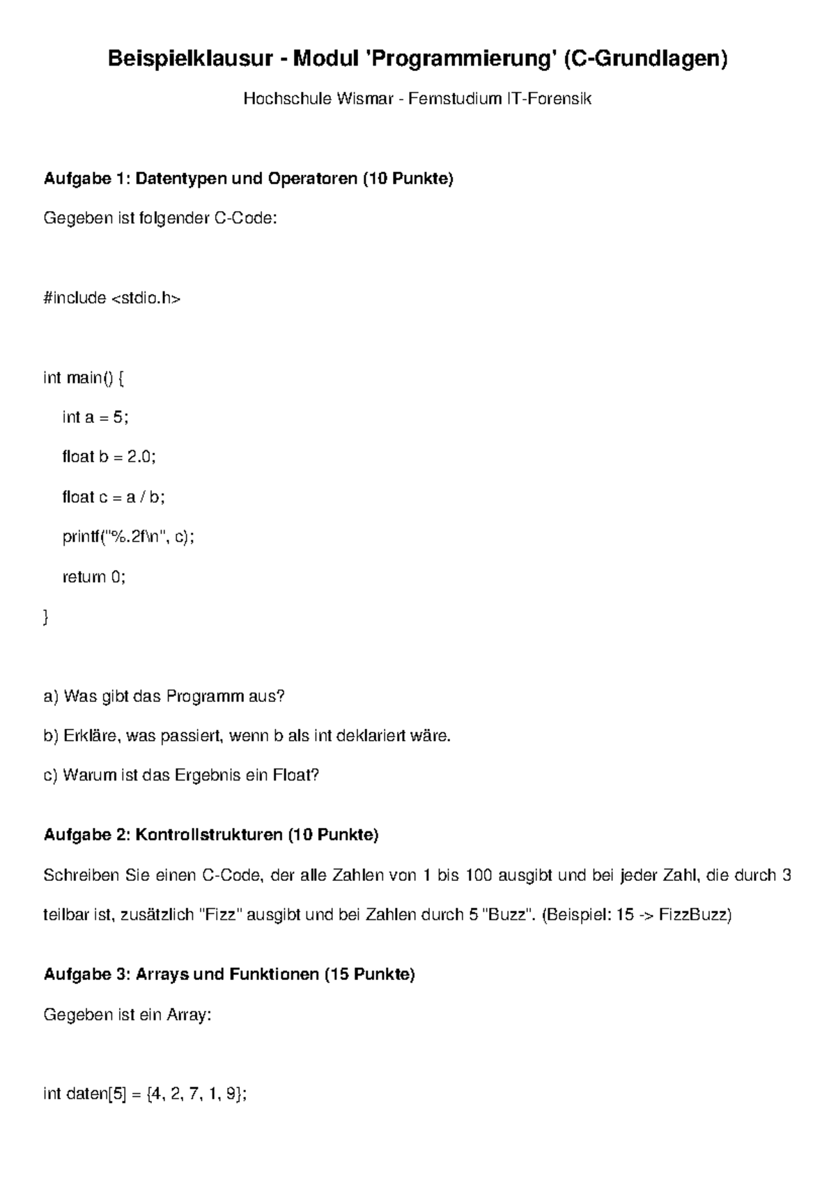 Beispielklausur Programmierung HS Wismar: Datentypen ...