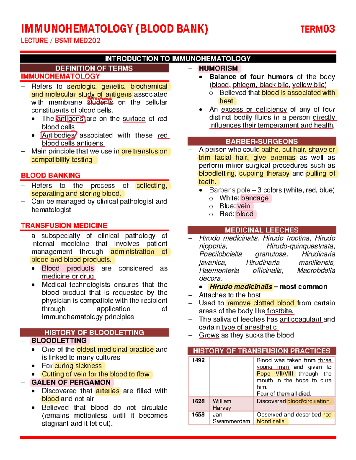 Immunohematology Lecture Notes - BSMT 03 Blood Bank - Studocu