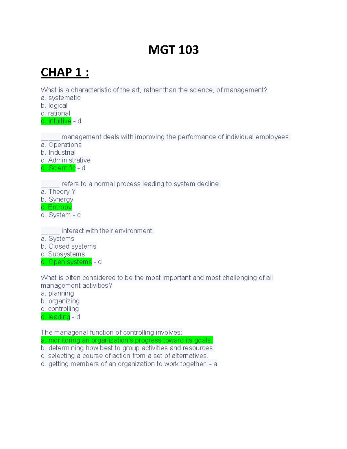 MGT 103 Final Exam Study Notes: Chapters 1 to 7 - Studocu