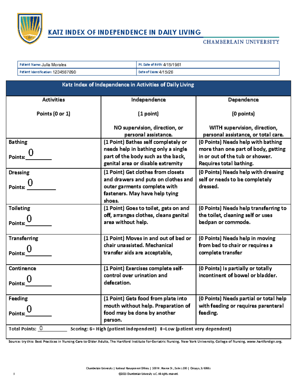 KATZ Index of Independence in Daily Living Assessment - Studocu