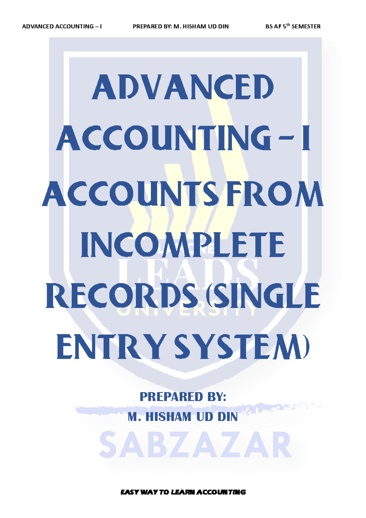 Advanced Accounting - I: Chapter 1 on Incomplete Records (Single Entry ...