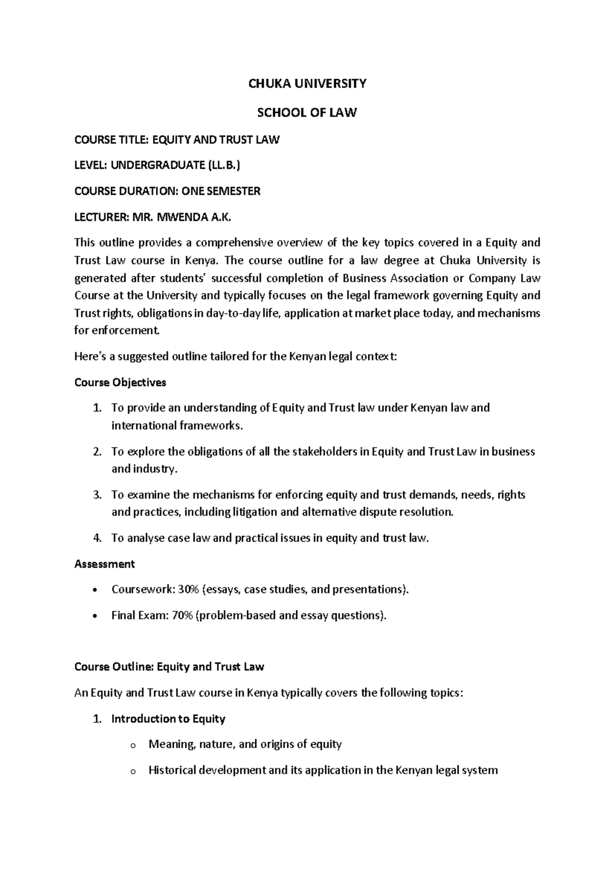 Equity AND Trust LAW Course Outline - CHUKA UNIVERSITY SCHOOL OF LAW ...