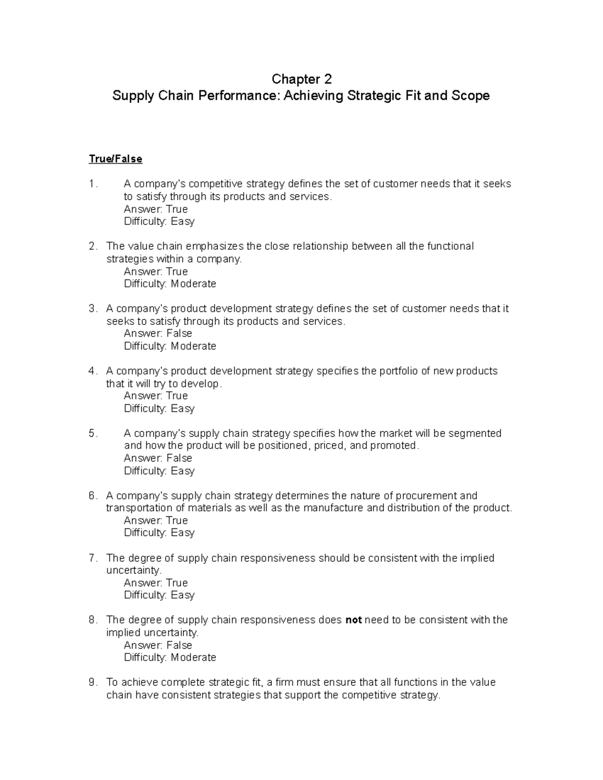 Chapter 02 - Supply Chain Performance Handouts and True/False Questions ...