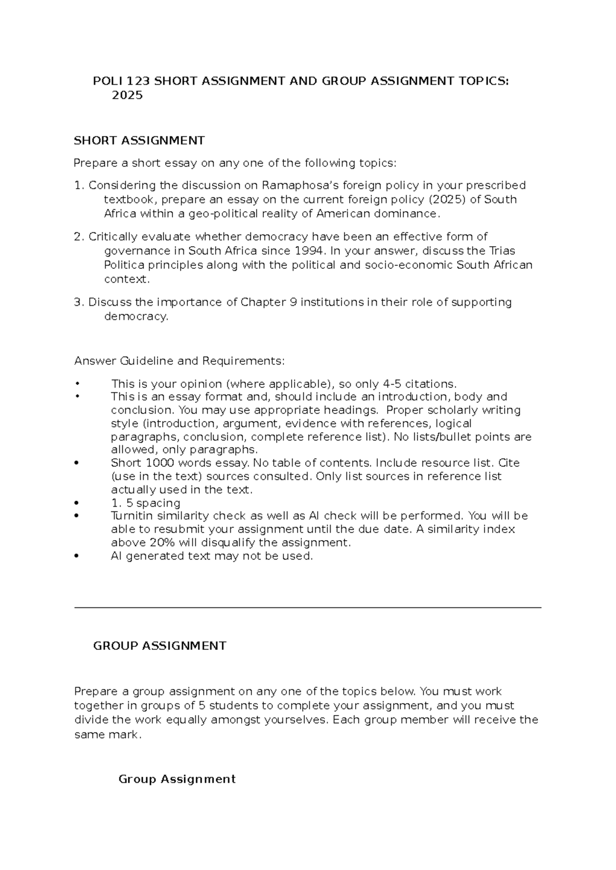 POLI 123 Short Essay & Group Assignment Topics: 2025 - Studocu