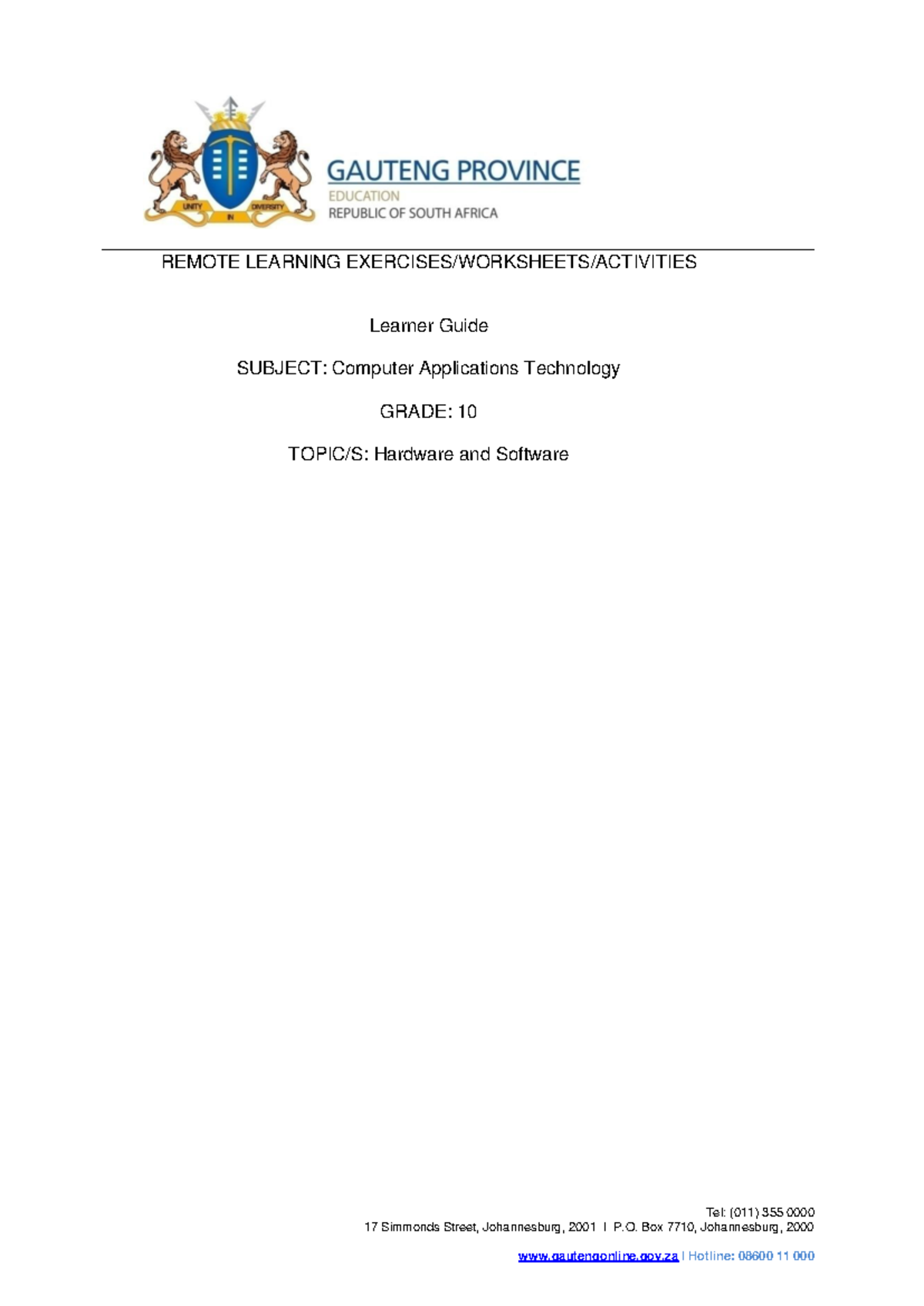 CAT Grade 10 Term 2: Learner Guide on Hardware and Software - Studocu