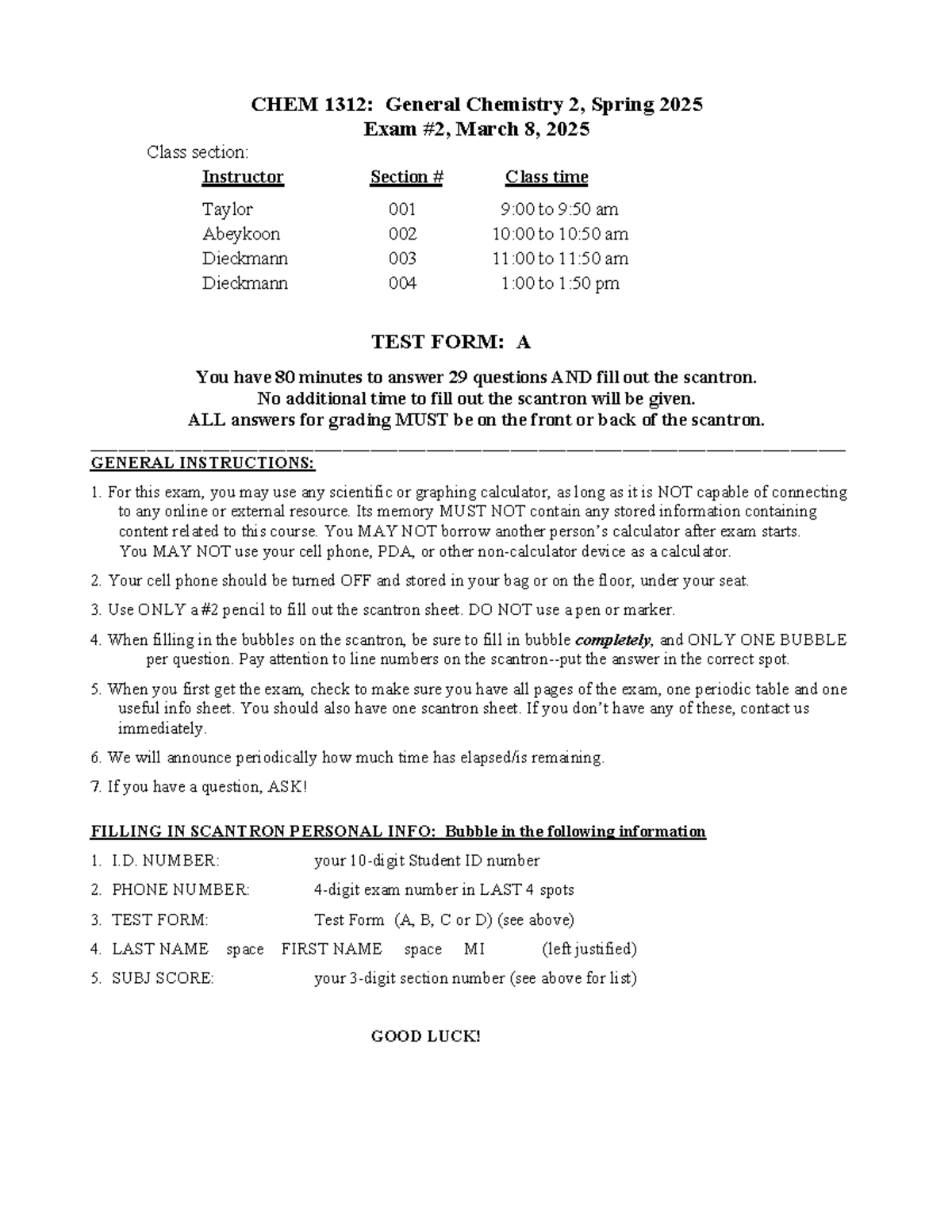 Exam2 1312 S25 v A Blank - practice exam - CHEM 131 2 : General ...