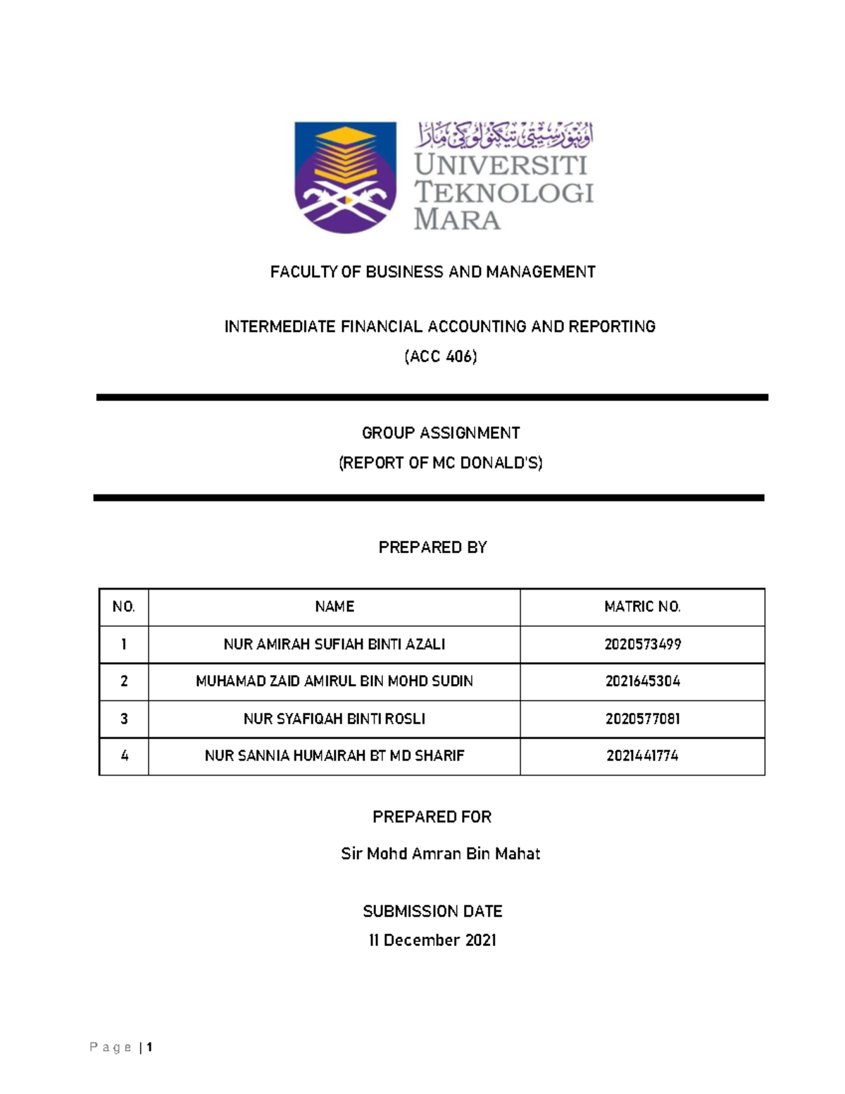 Group Assignment (ACC 406) - McDonald's Financial Report Analysis - Studocu