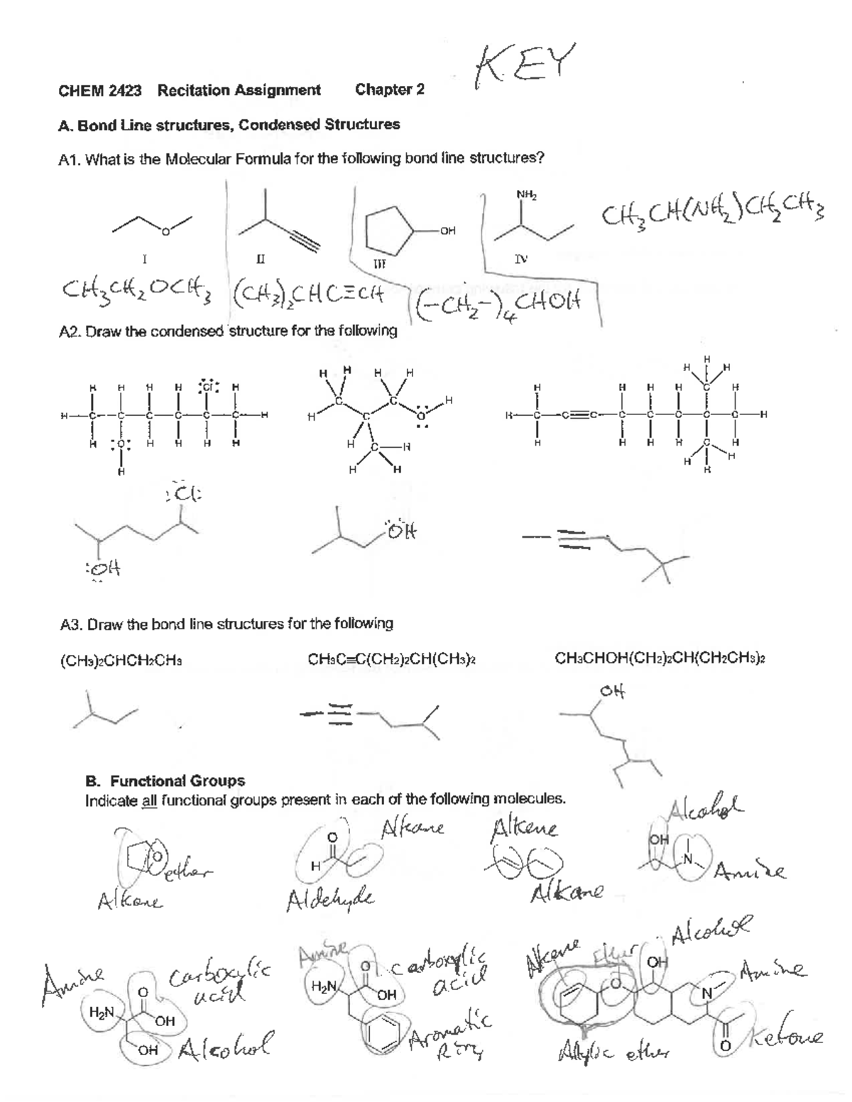 KEY CHEM 2423 Recitation Assignment: Chapter 5 Structures & Functional ...