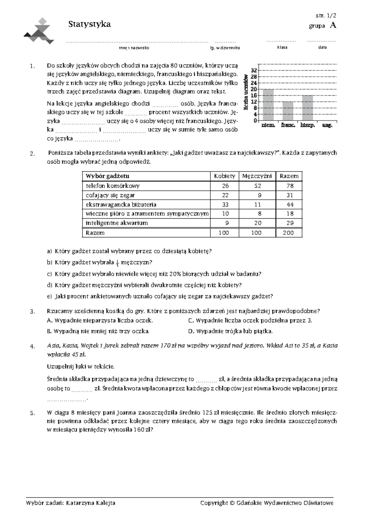 Sprawdzian Statystyki Gimnazjum 2 Zadane www.studocu.com