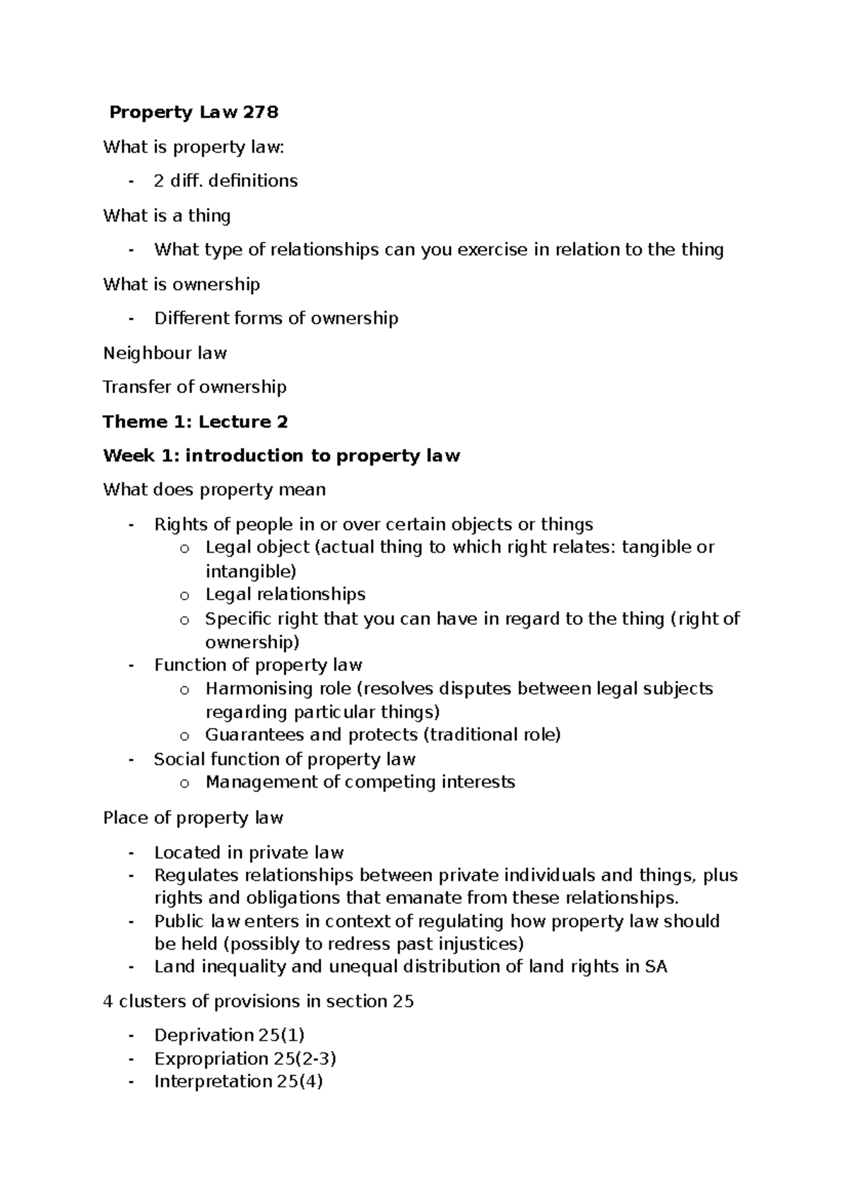 Property Law 278 - Semester 1 Lecture Notes on Ownership and Rights ...
