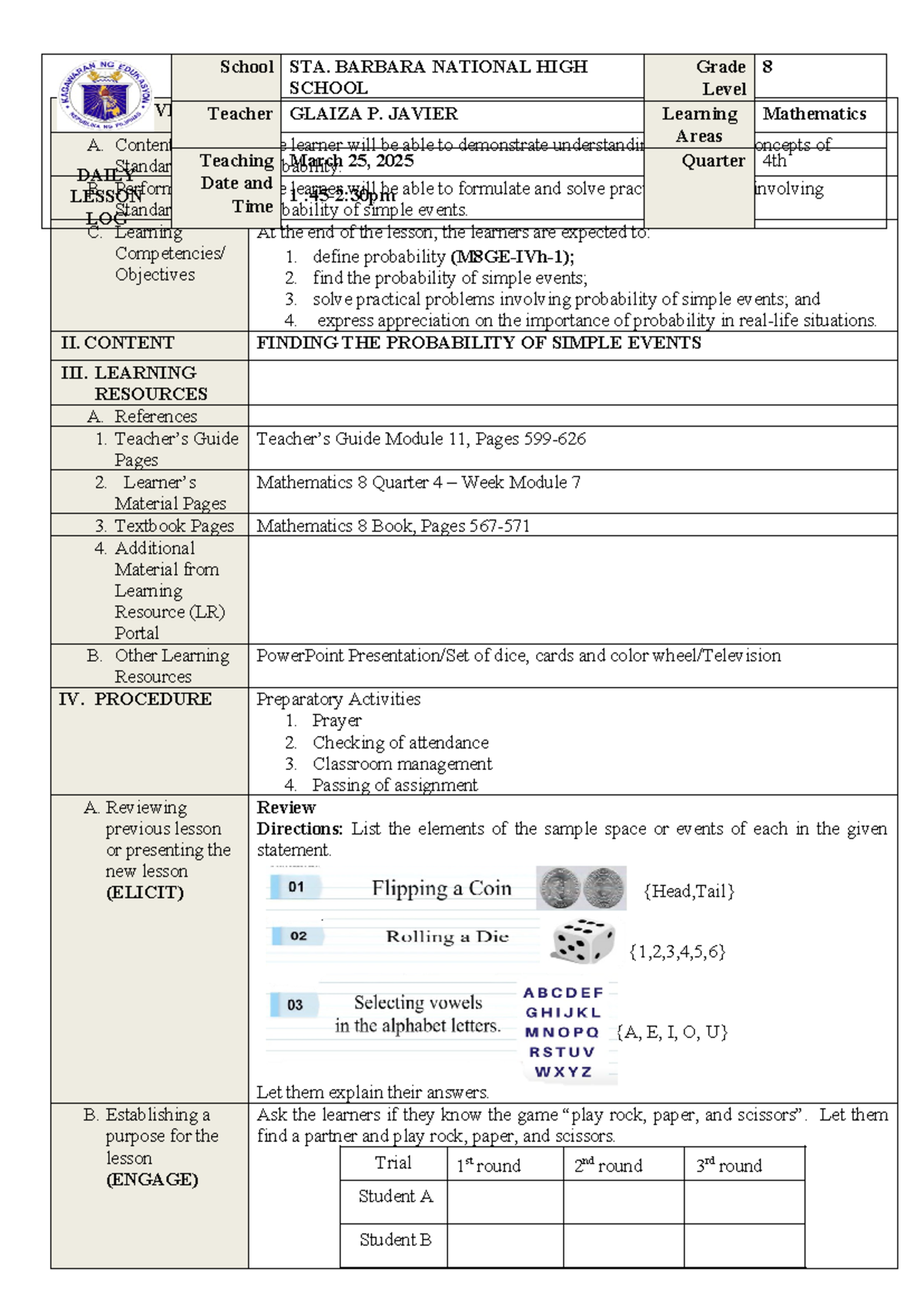 GPJ DEMO DLP Finding THE Probability OF Simple Events - I. OBJECTIVES A ...