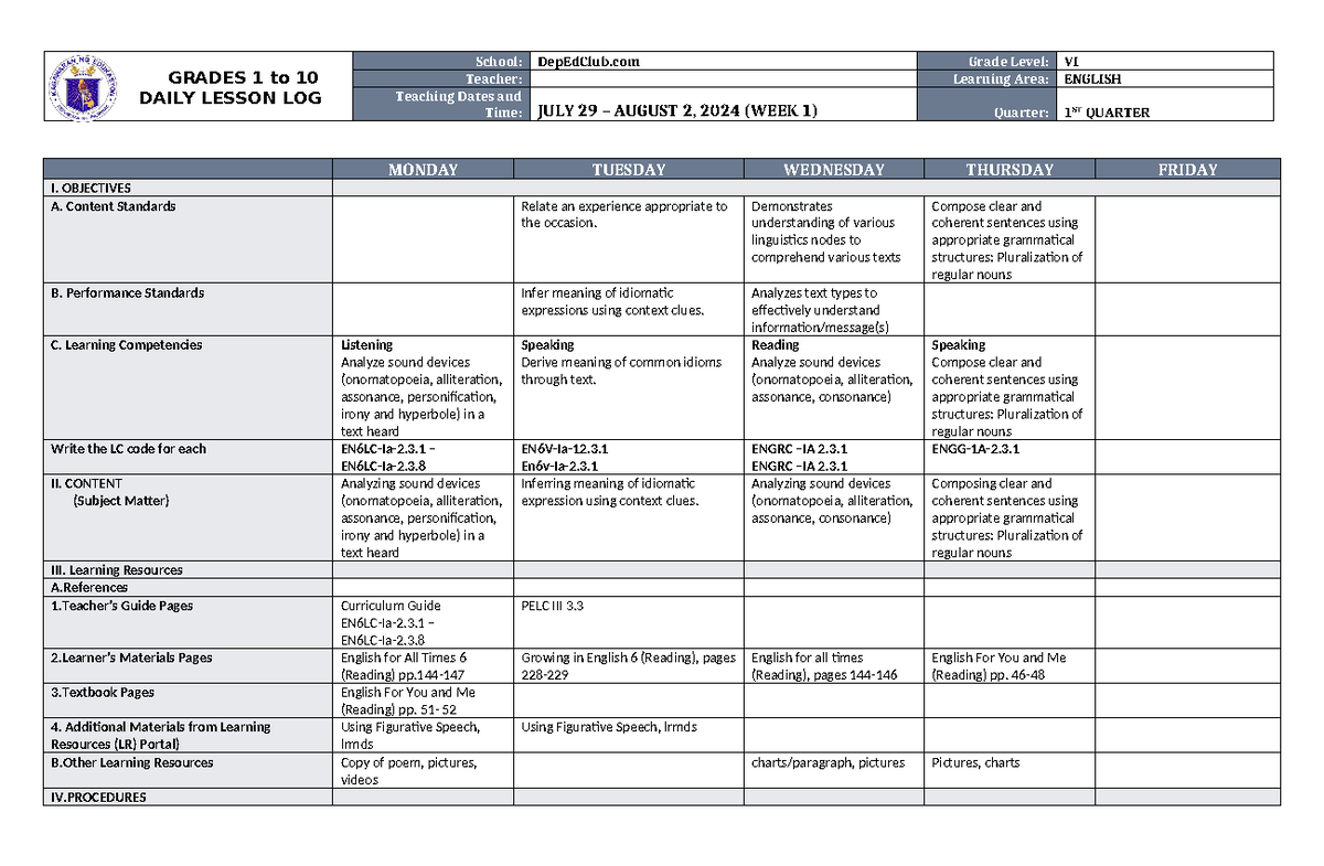 DLL English 6 Q1 W1 - DLL - GRADES 1 to 10 DAILY LESSON LOG School ...