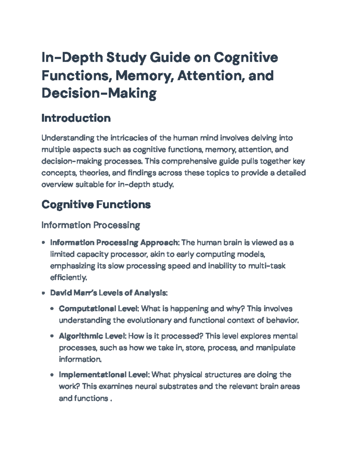 Cognitive Science Study Guide: Functions, Memory, Attention, & Decision ...