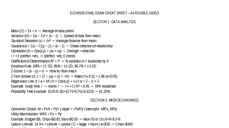 ECON505 FINAL EXAM CHEAT SHEET: DATA ANALYSIS & ECONOMICS - Studocu