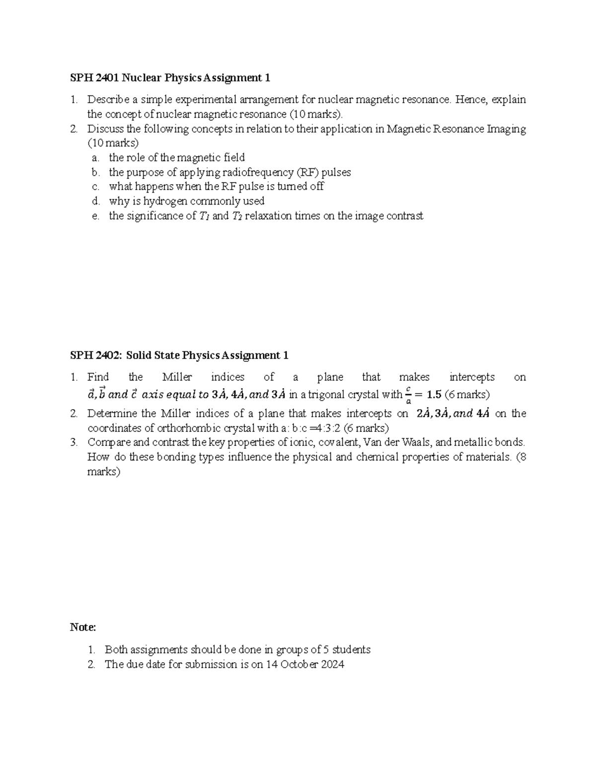 SPH 2401 & 2402 - Nuclear & Solid State Physics Assignments Guide - Studocu