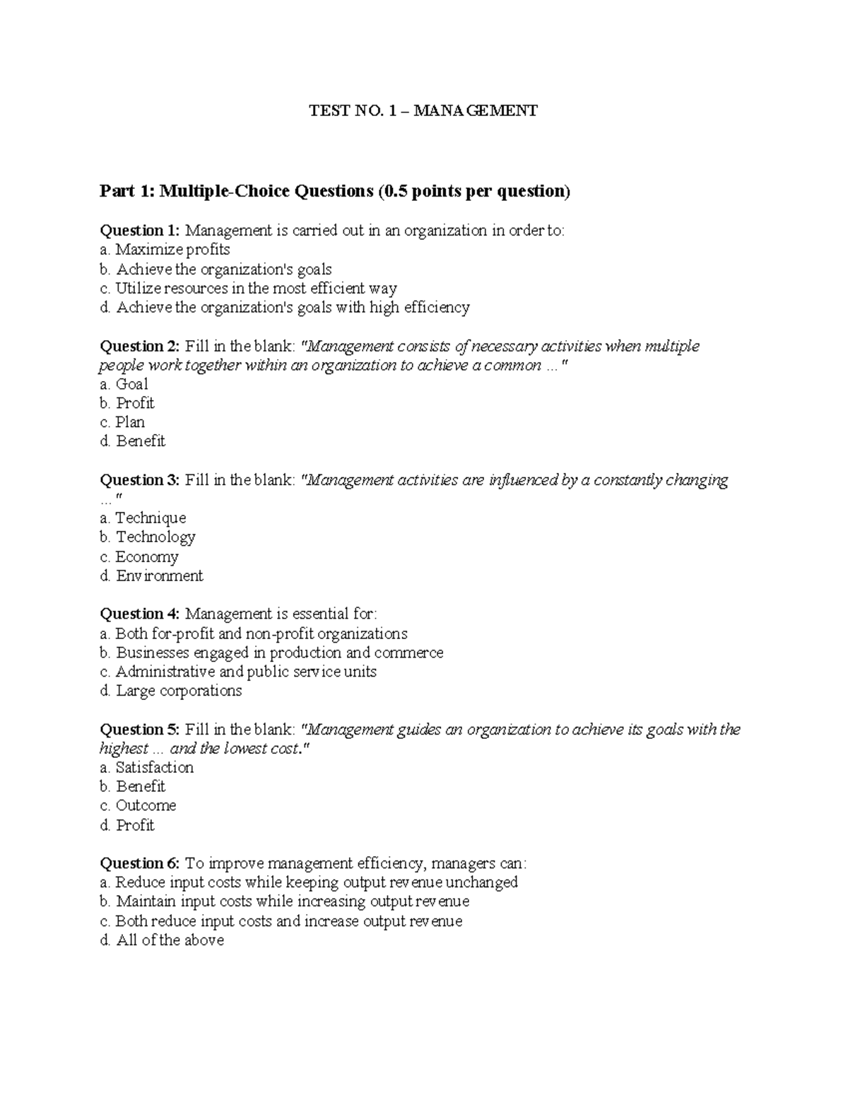 TEST NO. 1 MANAGEMENT: Part 1 Questions and Answers - Studocu