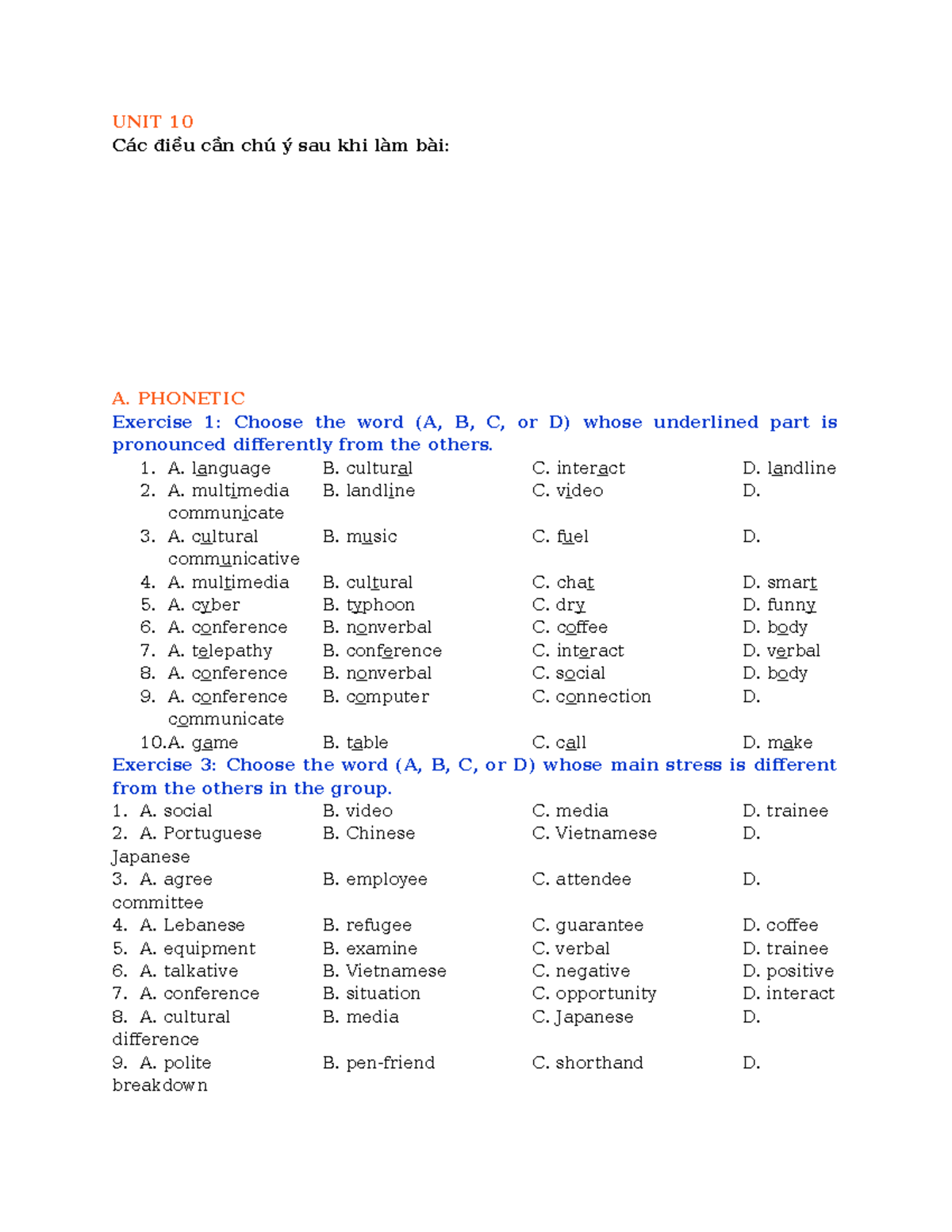 UNIT 10 - Phonetics and Vocabulary Exercises for Study - Studocu