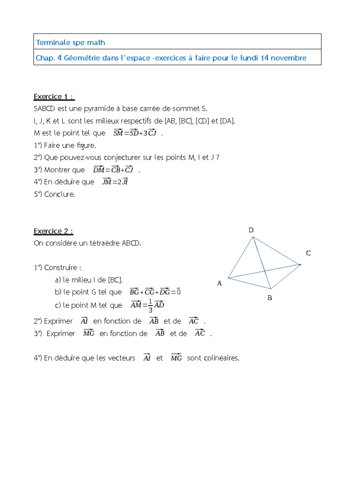 Exercices de Géométrie dans l'Espace - Terminale Spe Math - Studocu
