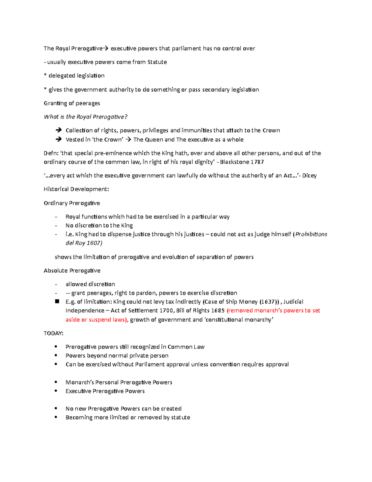 The Royal Prerogative - notes in class - The Royal Prerogative ...