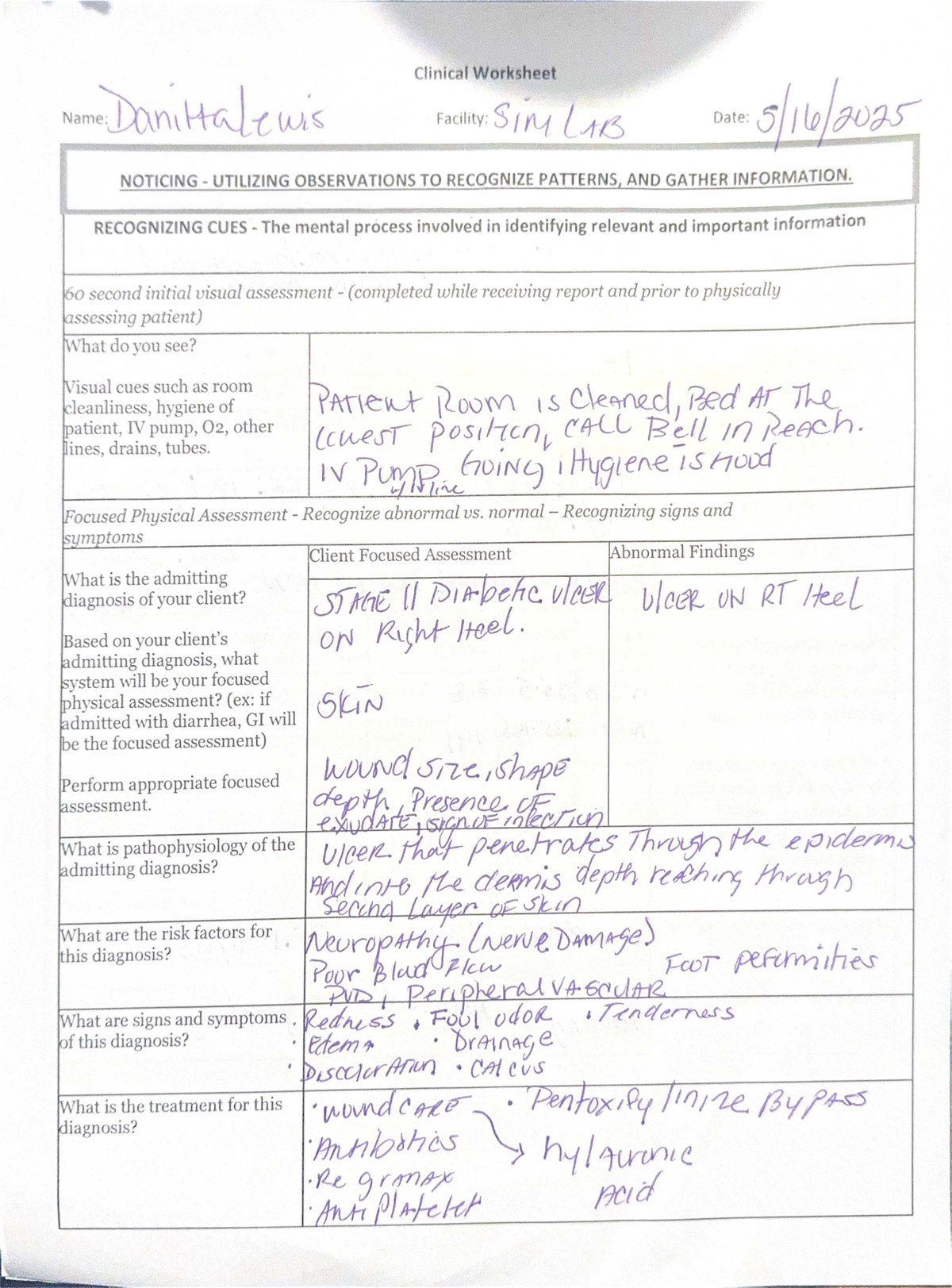 Sim Lab Clinical Worksheet: Patient Assessment & Care Plan - Studocu