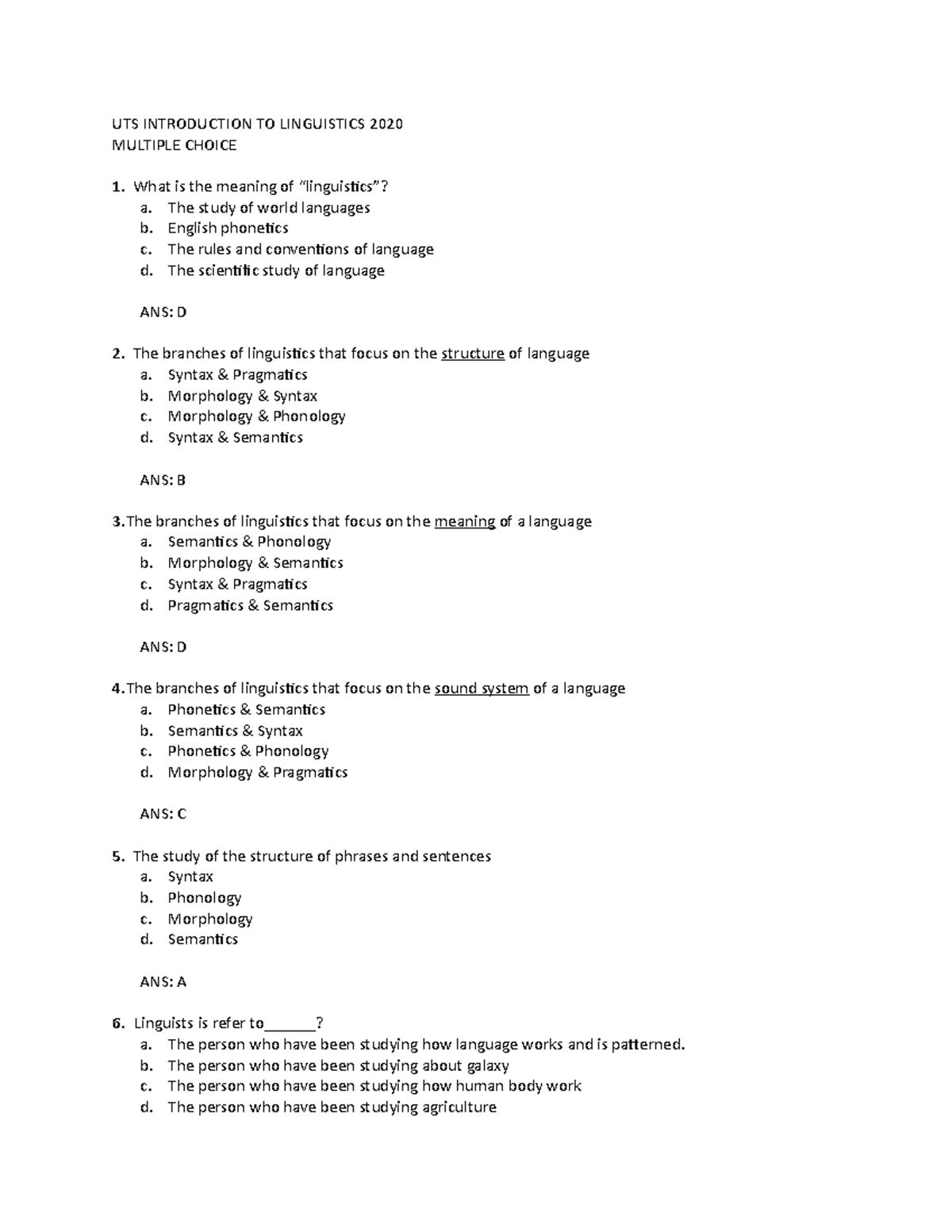 UTS Introduction to Linguistics 2020: Multiple Choice Questions - Studocu