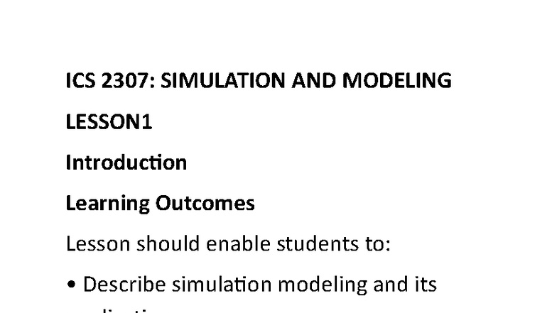 ICS 2307: Simulation and Modeling Lesson 1 Overview and Key Concepts ...