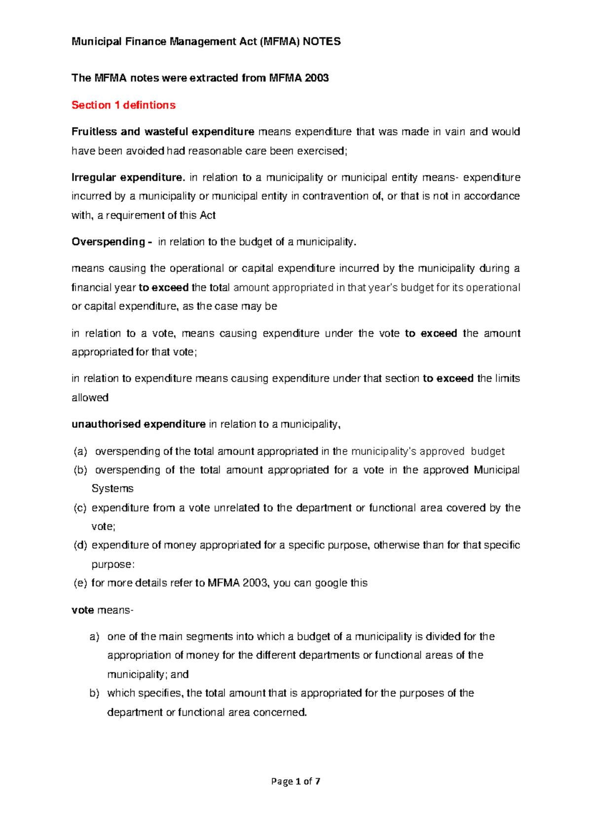MFMA 2003: Key Notes on Municipal Finance Management Act - Studocu