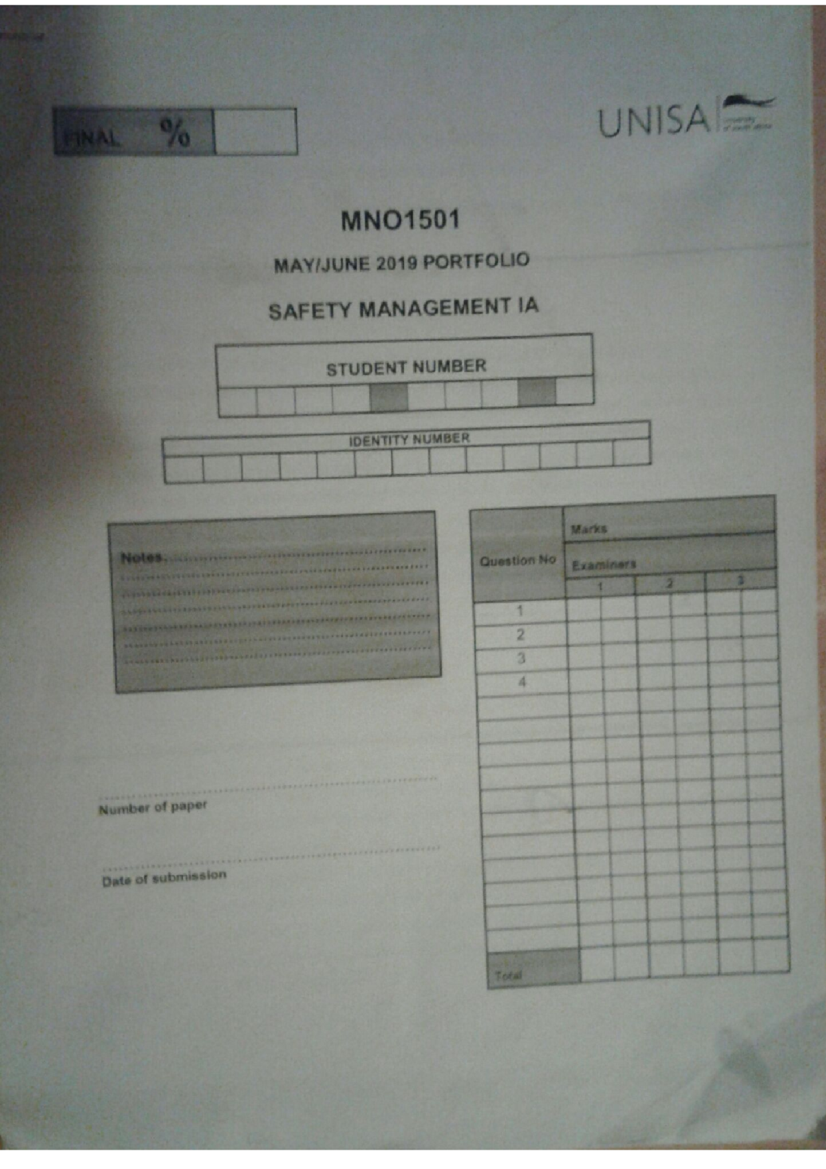 MNO1501 2019 Final Portfolio: Safety Management Assessment Guide - Studocu