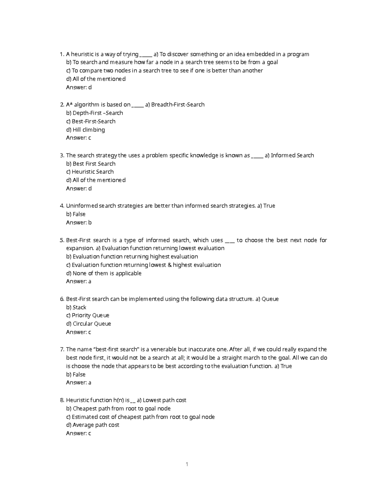 AI Search Strategies and Heuristics: Quiz Notes for CS101 - Studocu