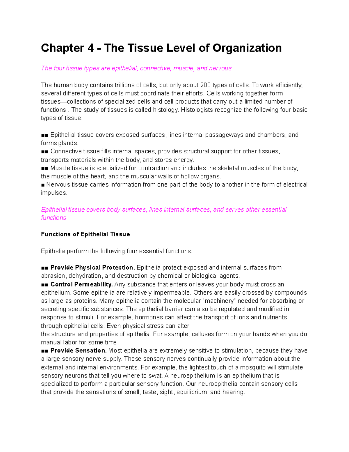 Chapter 4 - Understanding the Tissue Level of Organization - Studocu