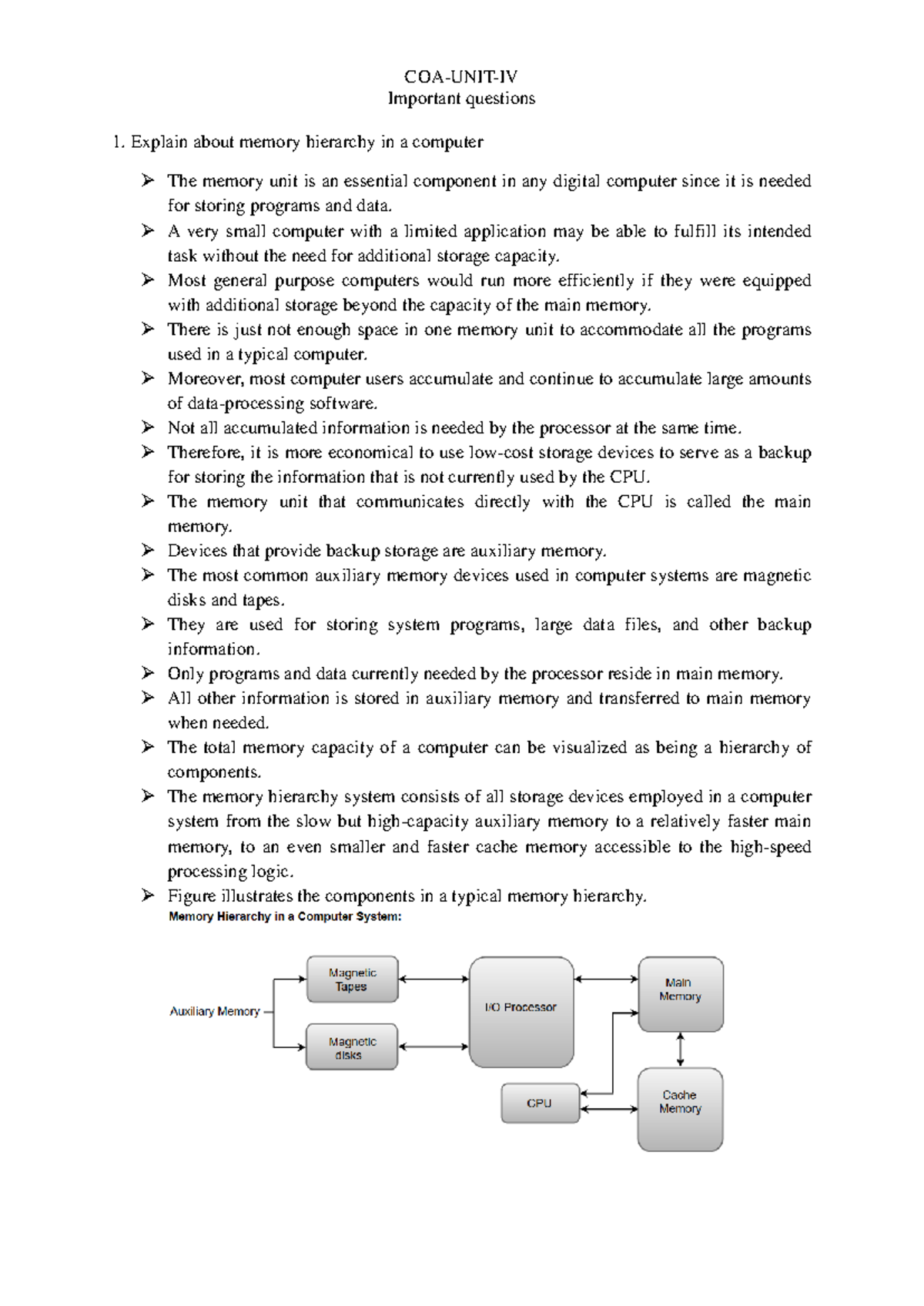COA UNIT-IV: Key Concepts on Memory Hierarchy and DMA - Studocu